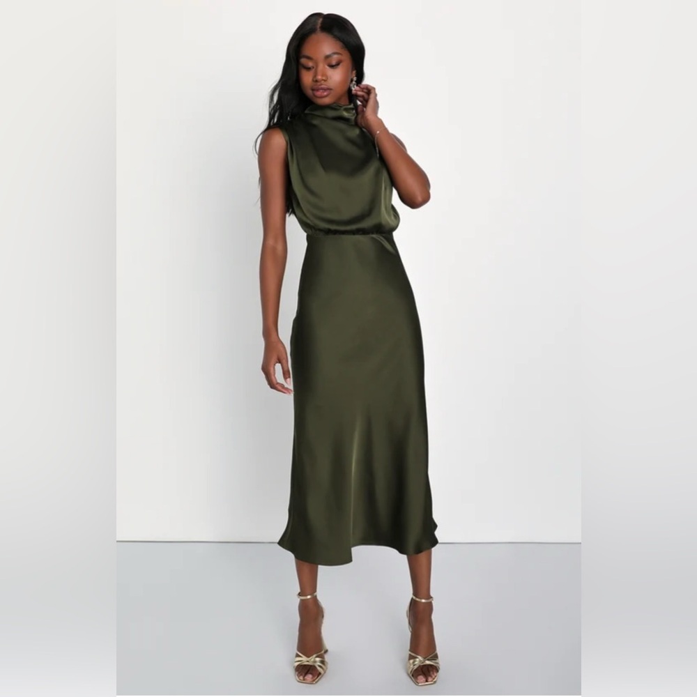 New Lulus Distinctive Charm Olive Green Satin Asymmetrical Midi Dress Size M